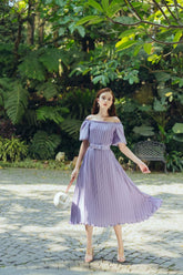 Off-Shoulder Pleated Midi Dress in Lightweight Silk with Puff Sleeves and Waist Detail
